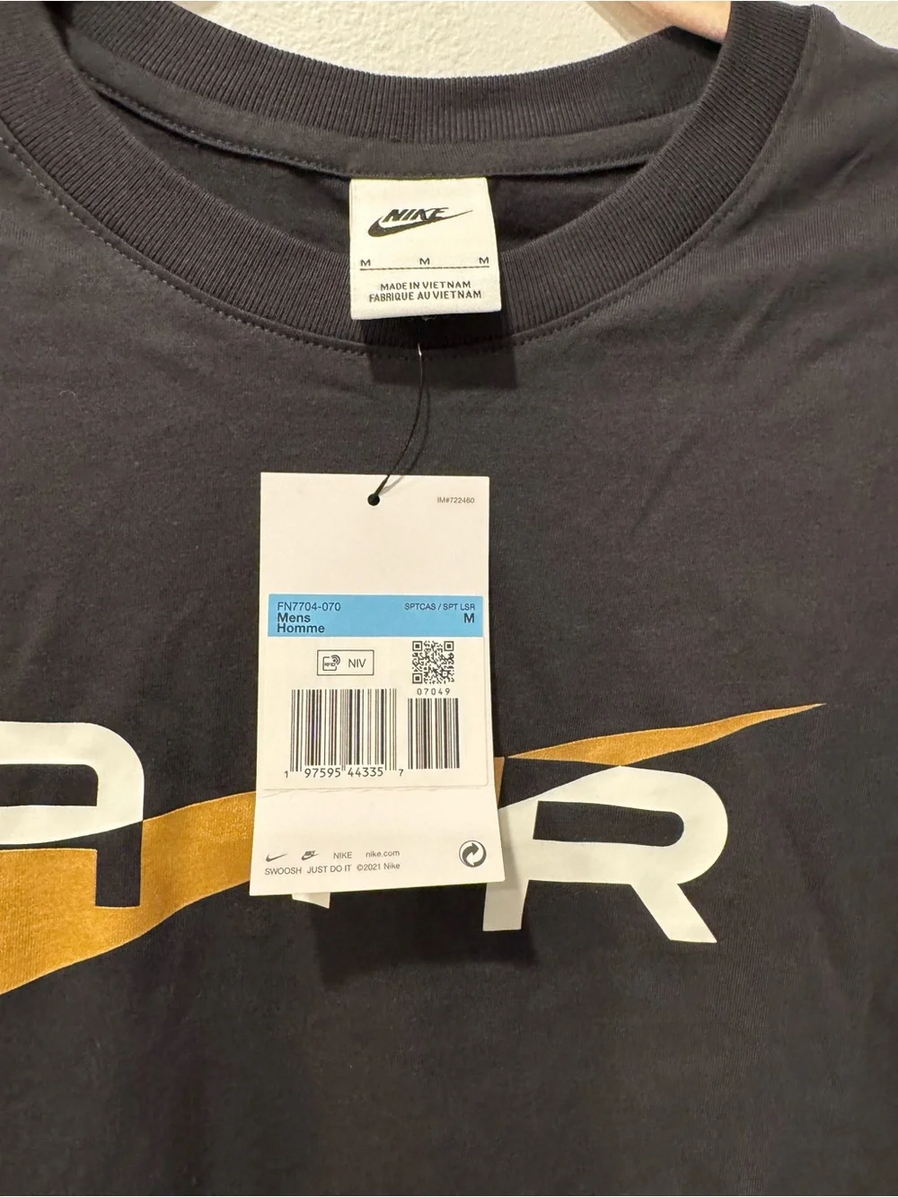 Nike Short Sleeve T-Shirt with Gold Swoosh and White AIR